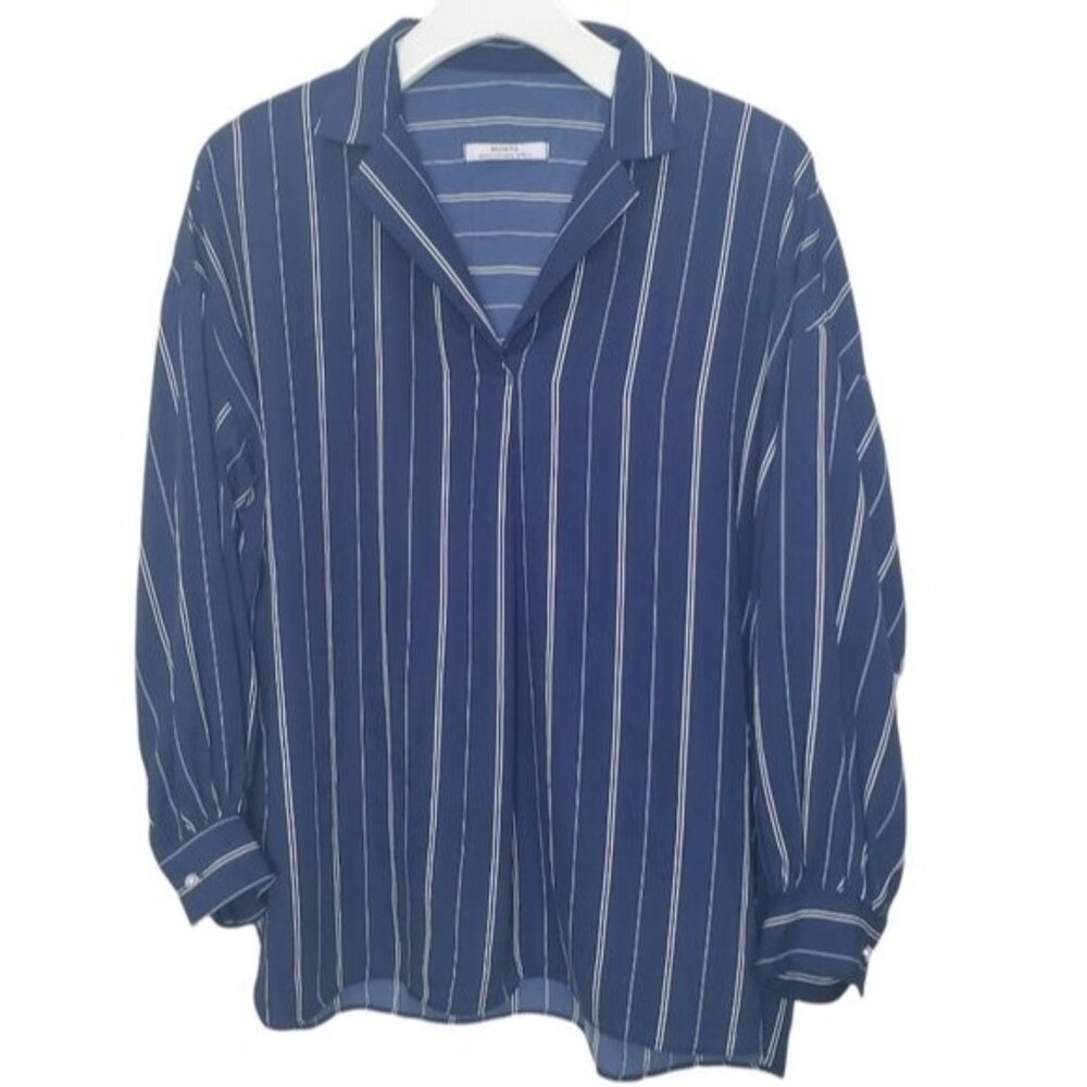 MONTS Womens Blouse Faux Pearl Buttons Stripe Navy White Collar Semi-sheer Large